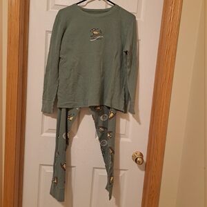 Life is Good Vintage Sledding Dog Green Waffle PJ Top & Bottoms - Size L